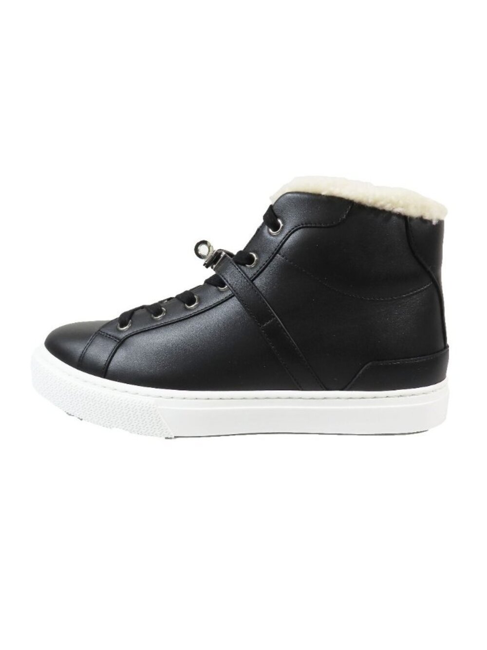 Hermes Day Kelly Buckle Silver Shearling Leather Short Boots Shoes Black